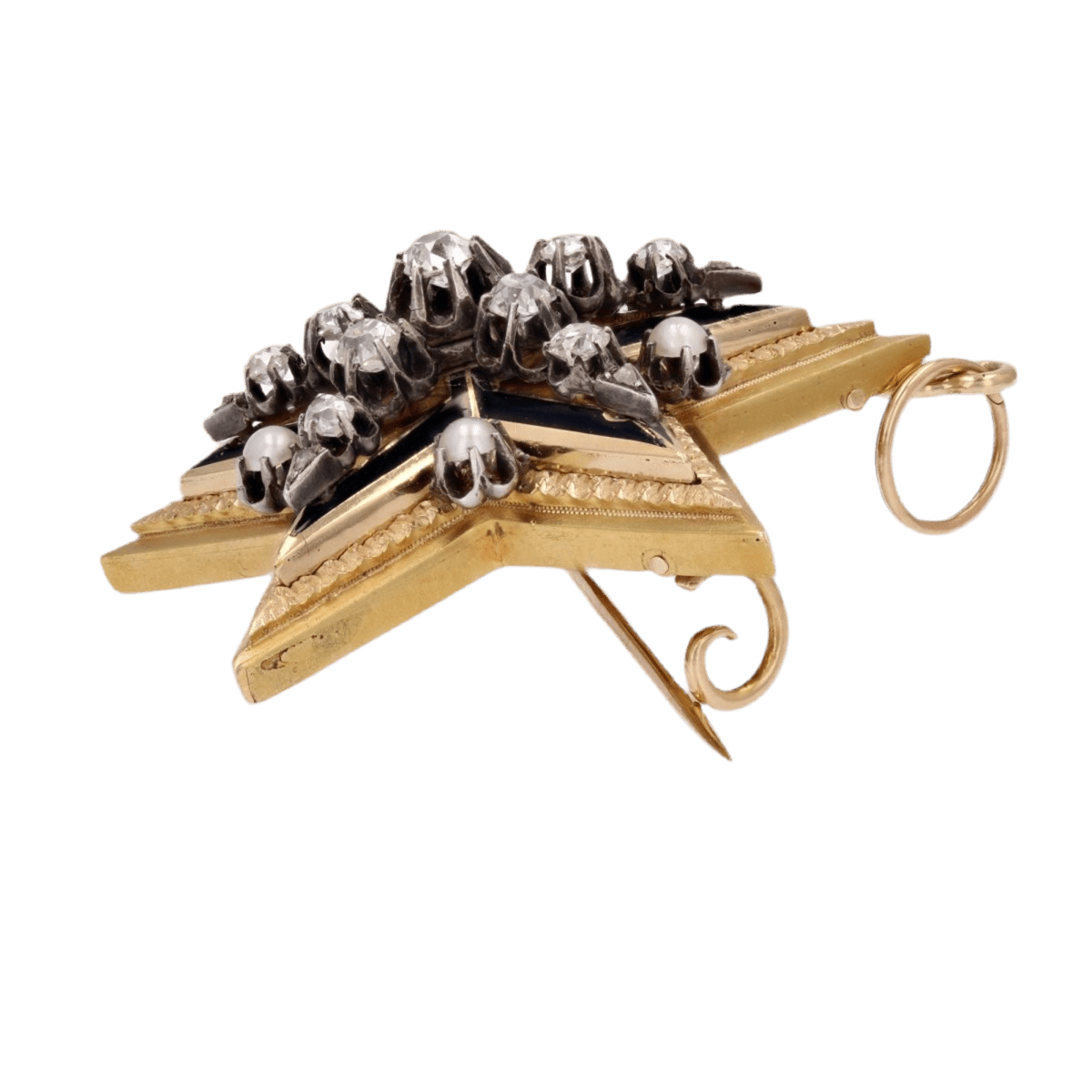 Broche Épingle en or jaune, argent, perles et diamants - Castafiore