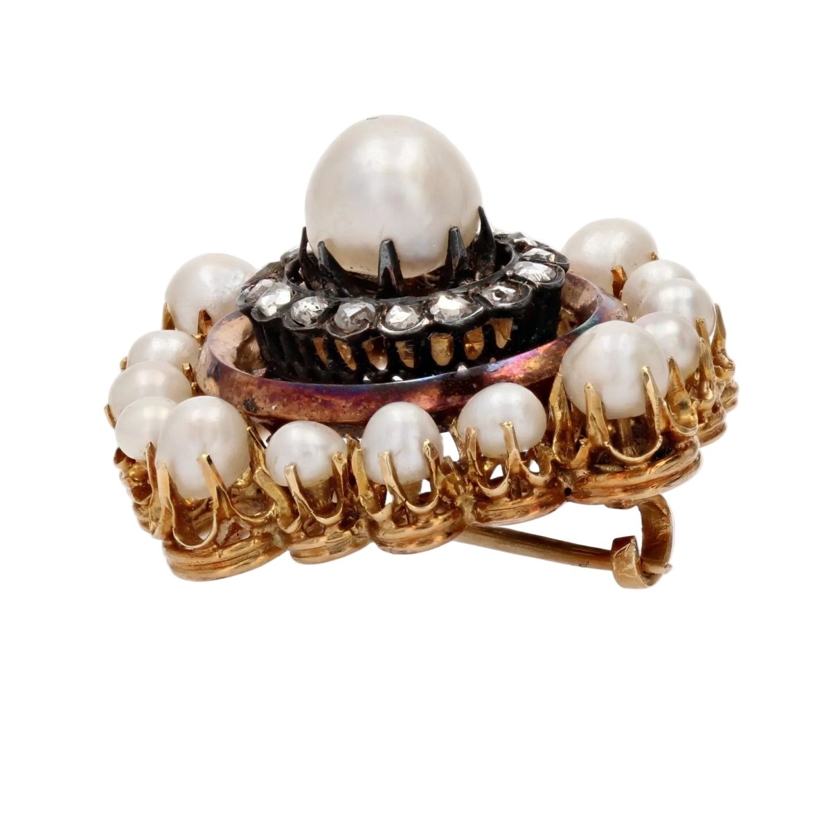 Broche Épingle en or jaune, argent, perles et diamants - Castafiore