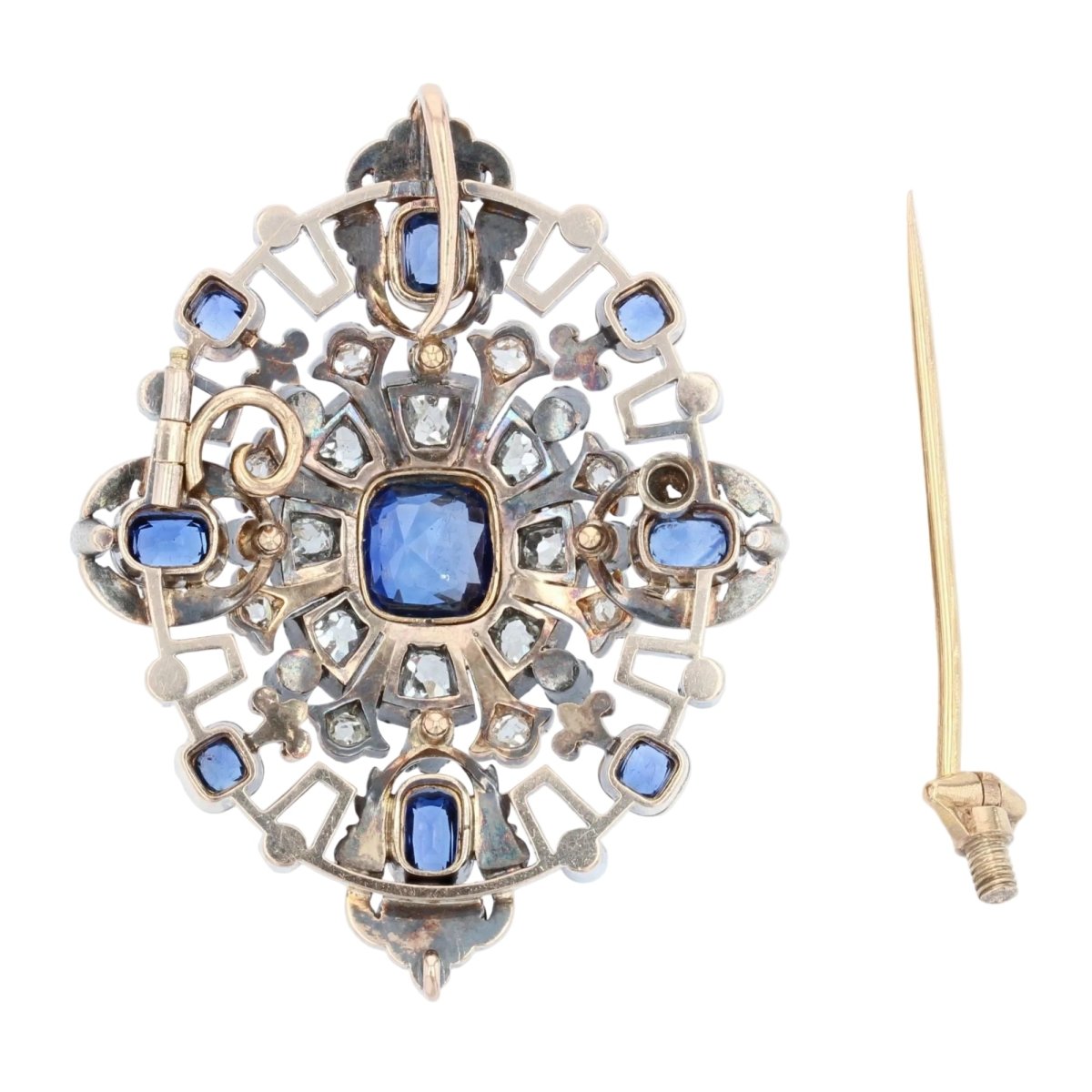 Broche Épingle en or jaune, argent, saphirs et diamants - Castafiore