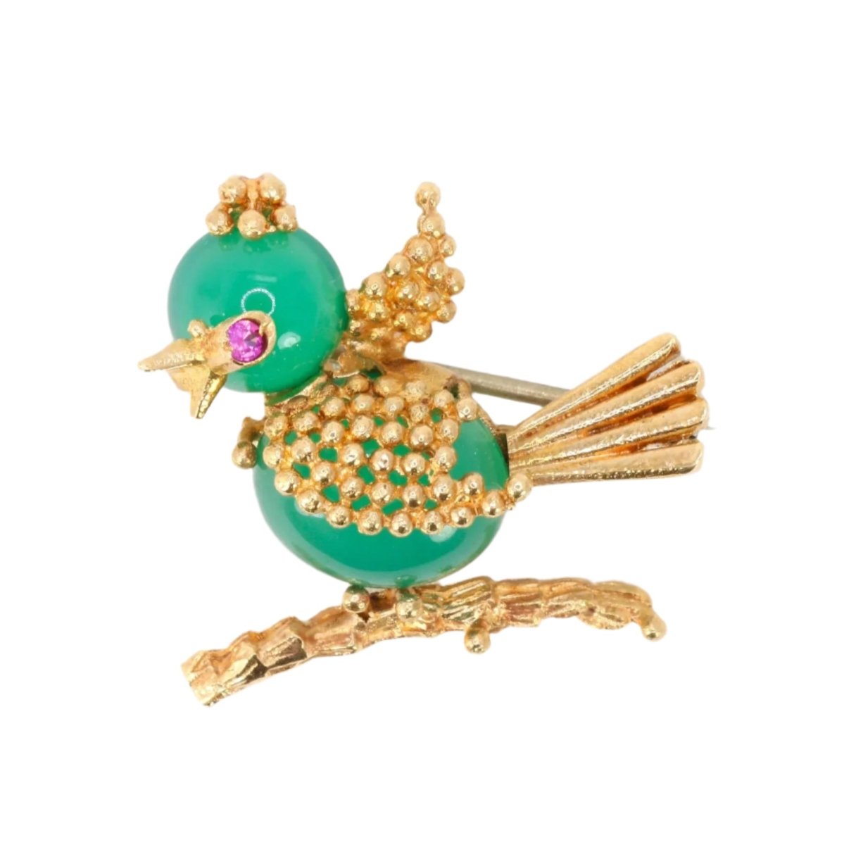 Broche épingle en or jaune, chrysoprase et rubis - Castafiore