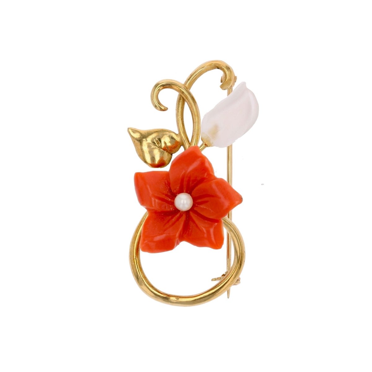 Broche Épingle en or jaune, corail, perle et cristal de roche - Castafiore
