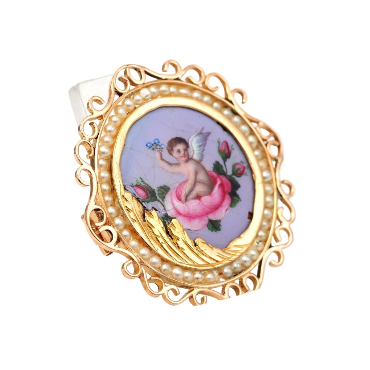 Broche Épingle en or jaune, émail et perles - Castafiore