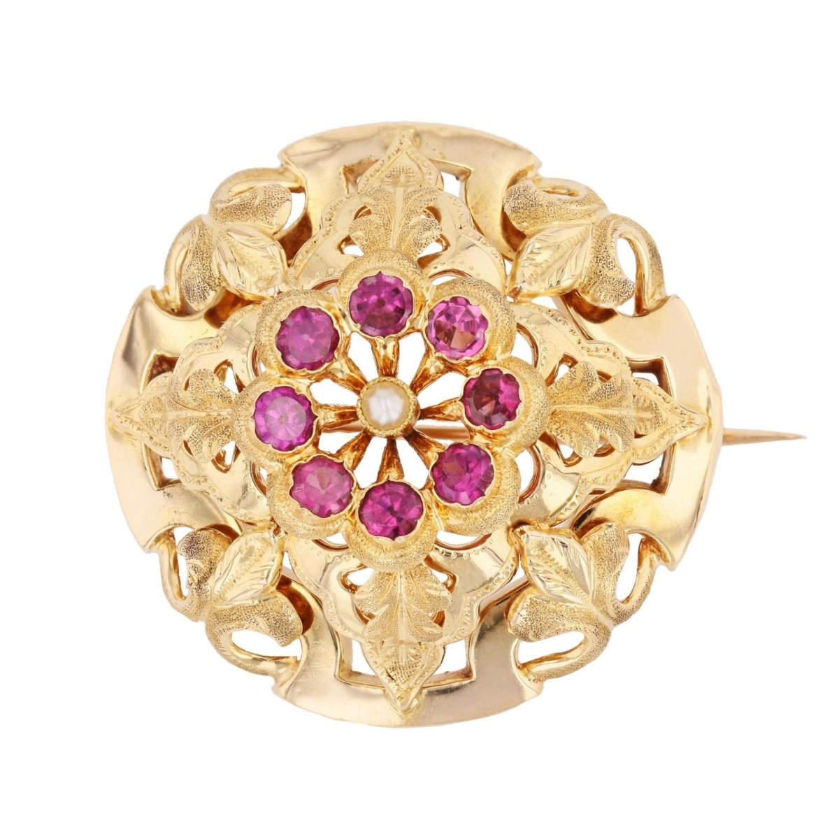 Broche Épingle en or jaune, grenats et perle - Castafiore