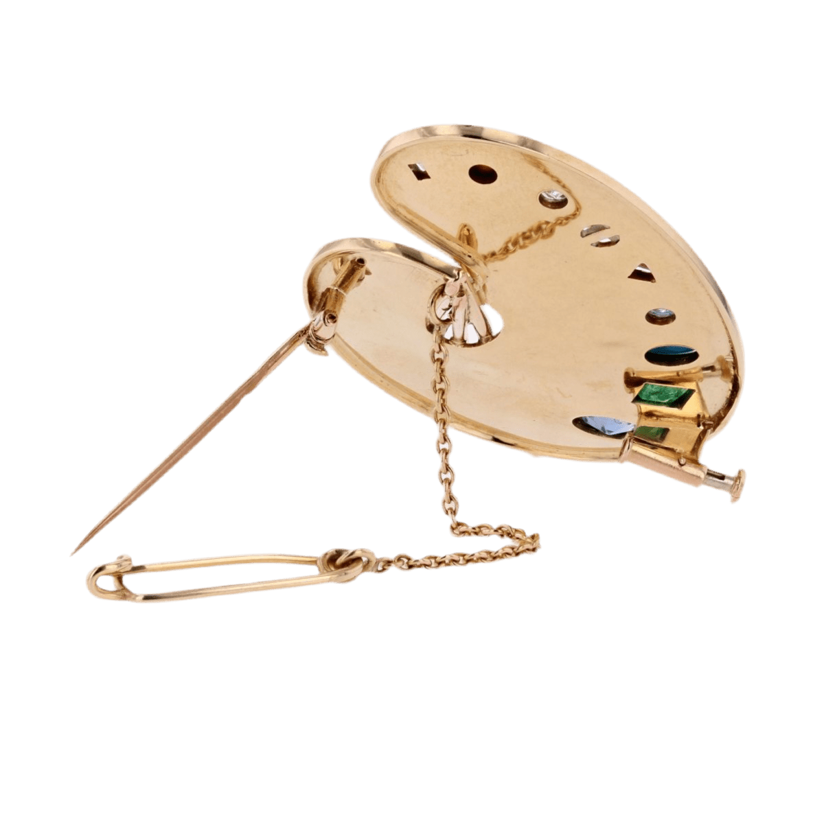 Broche Épingle en or jaune, or rose, platine, saphir, émeraude, turquoise, grenats, perle et diamants - Castafiore