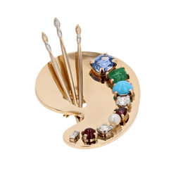Broche Épingle en or jaune, or rose, platine, saphir, émeraude, turquoise, grenats, perle et diamants - Castafiore