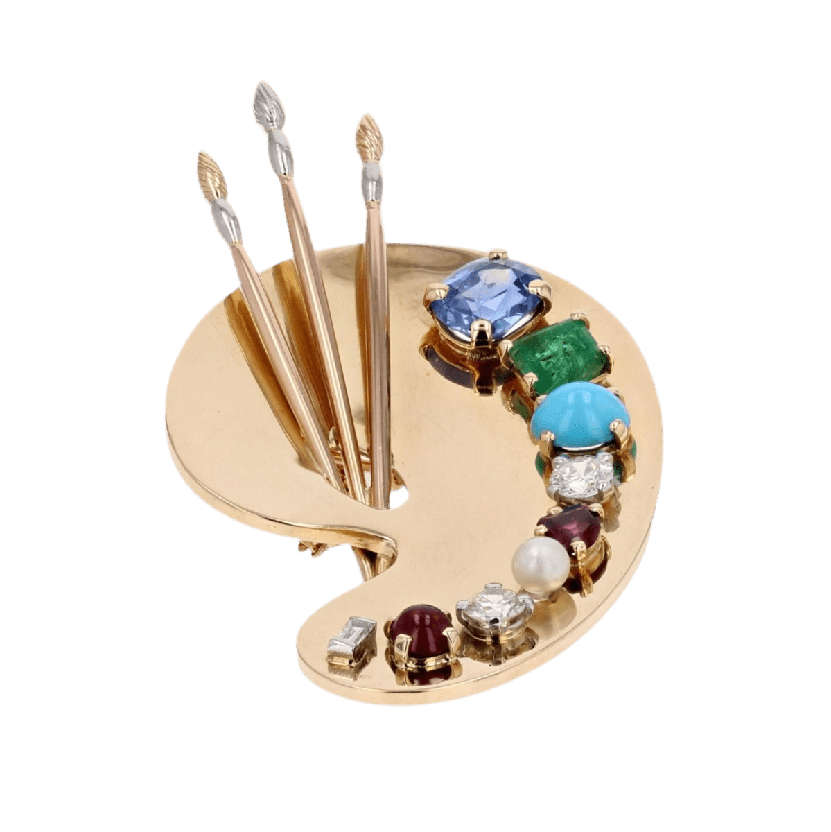 Broche Épingle en or jaune, or rose, platine, saphir, émeraude, turquoise, grenats, perle et diamants - Castafiore