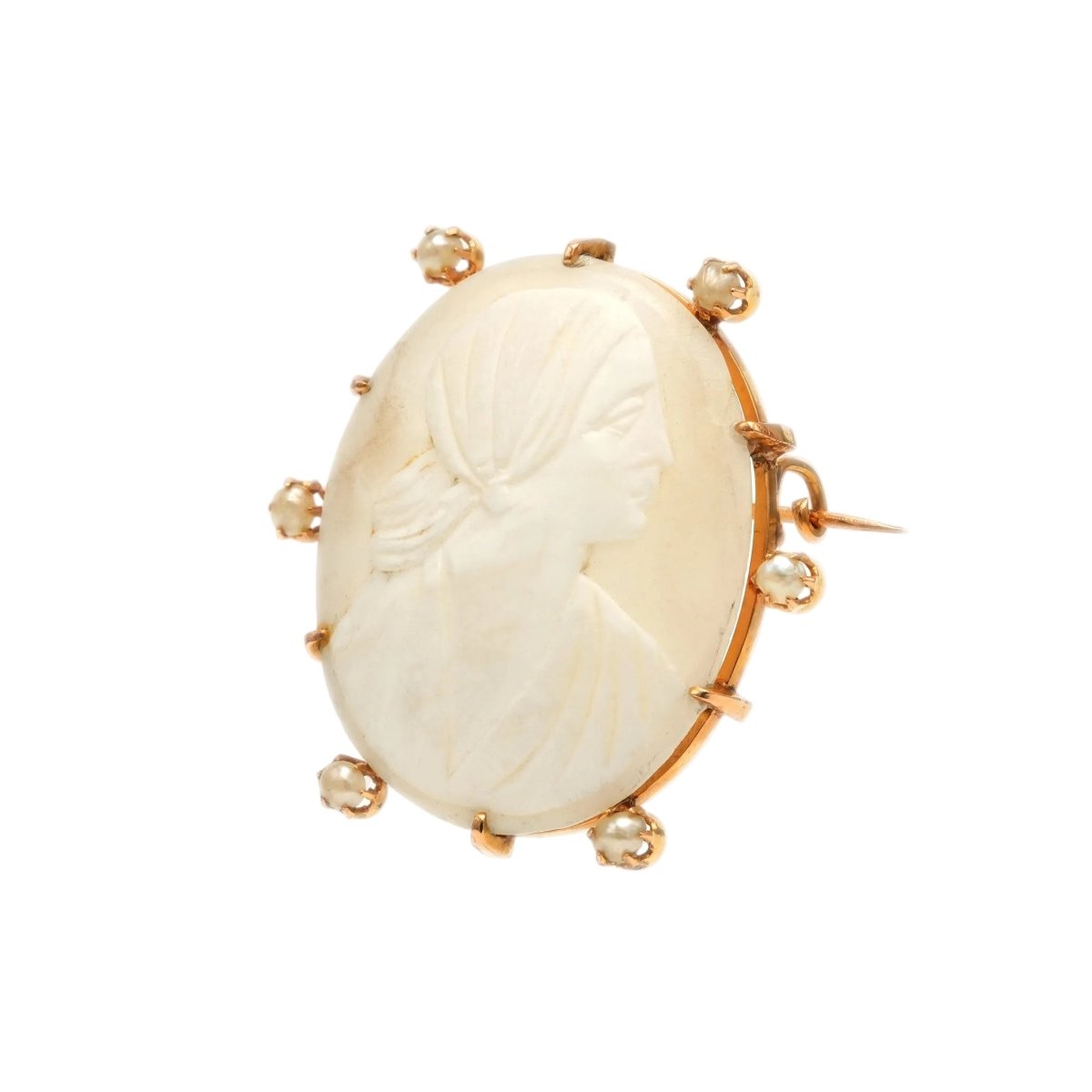 Broche Épingle en or jaune, perles et camée - Castafiore