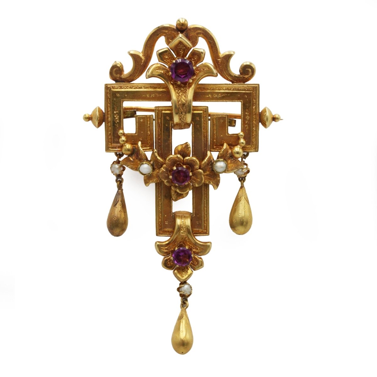 Broche Épingle en or jaune, perles et grenats - Castafiore