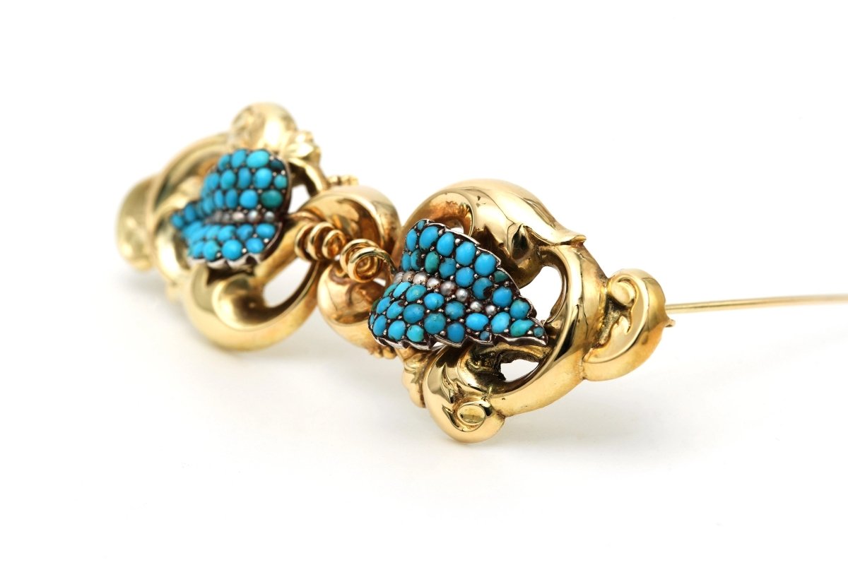 Broche Épingle en or jaune, perles et turquoises - Castafiore