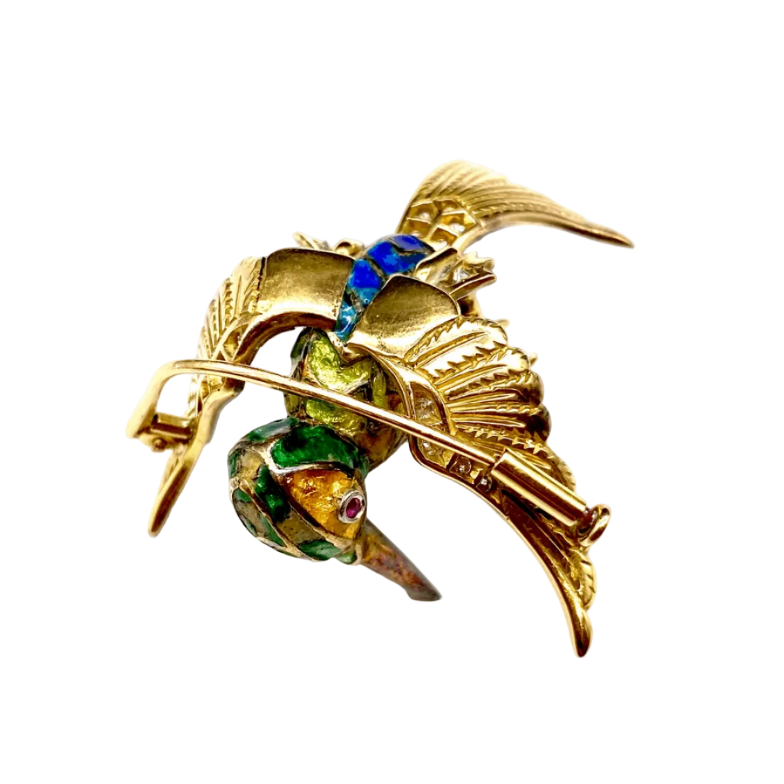 Broche Épingle en or jaune, platine, rubis, émail et diamants - Castafiore