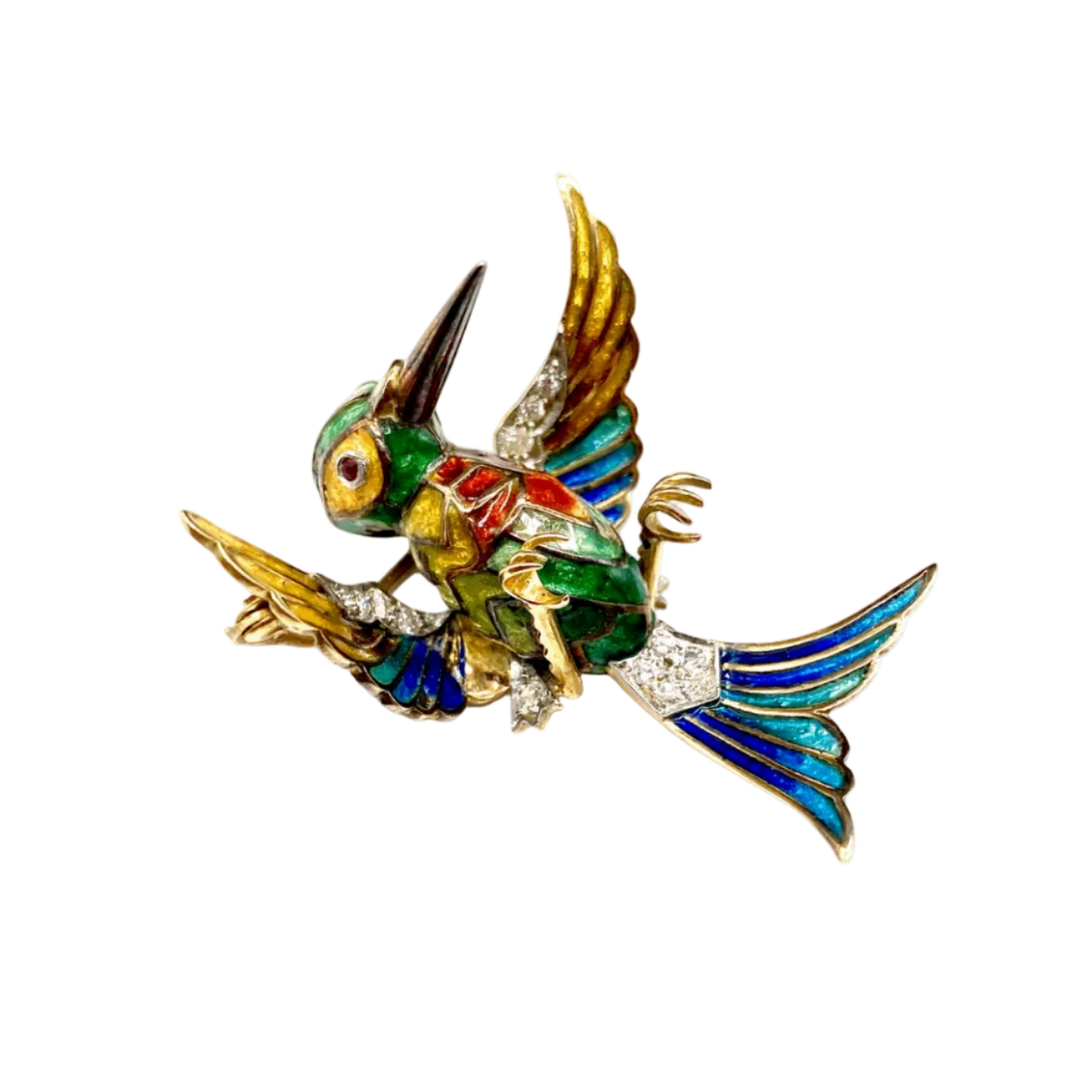 Broche Épingle en or jaune, platine, rubis, émail et diamants - Castafiore