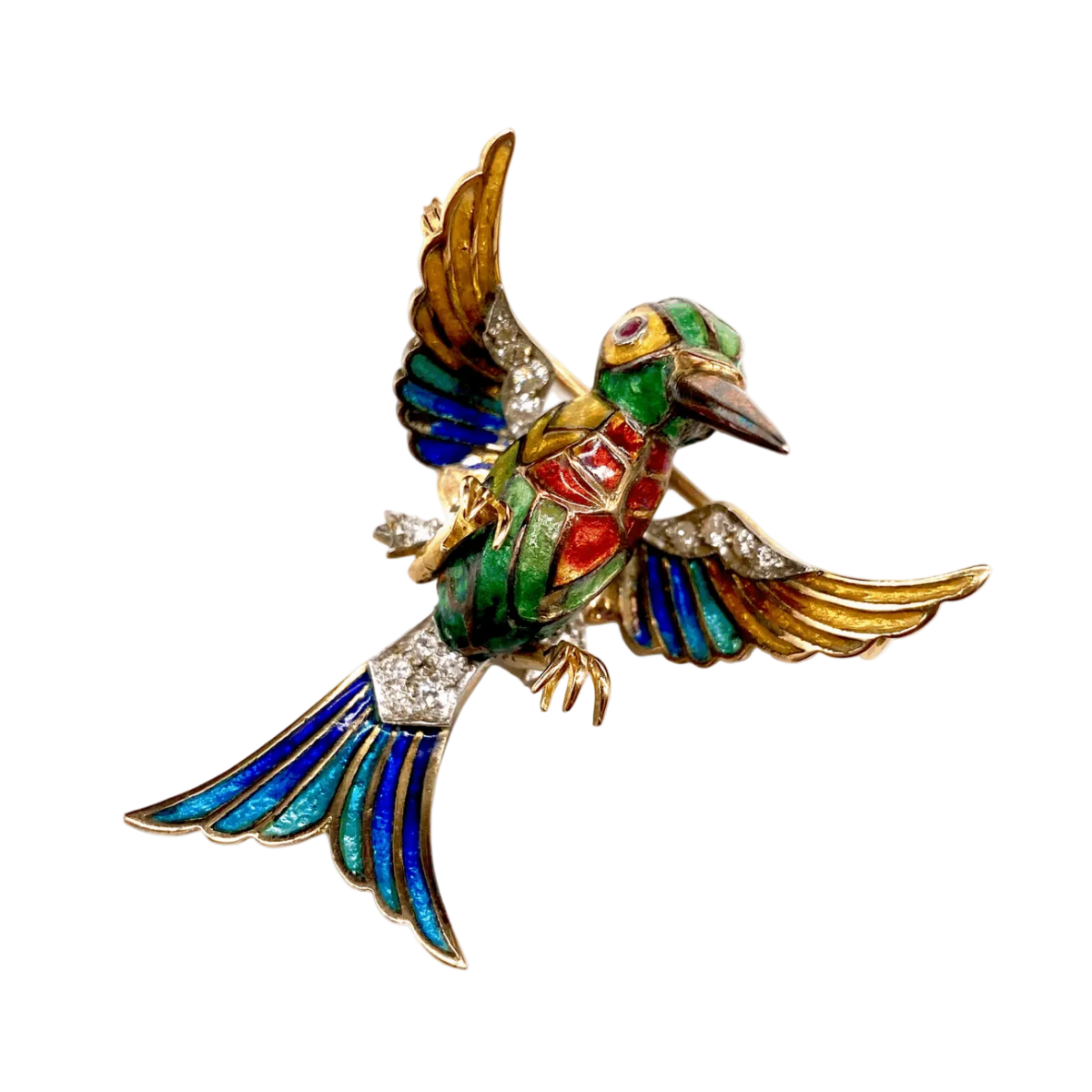 Broche Épingle en or jaune, platine, rubis, émail et diamants - Castafiore