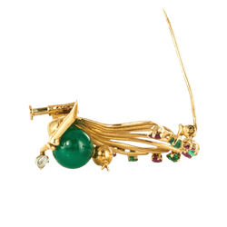 Broche Épingle en or jaune, rubis, chrysoprase, émeraudes et diamant - Castafiore