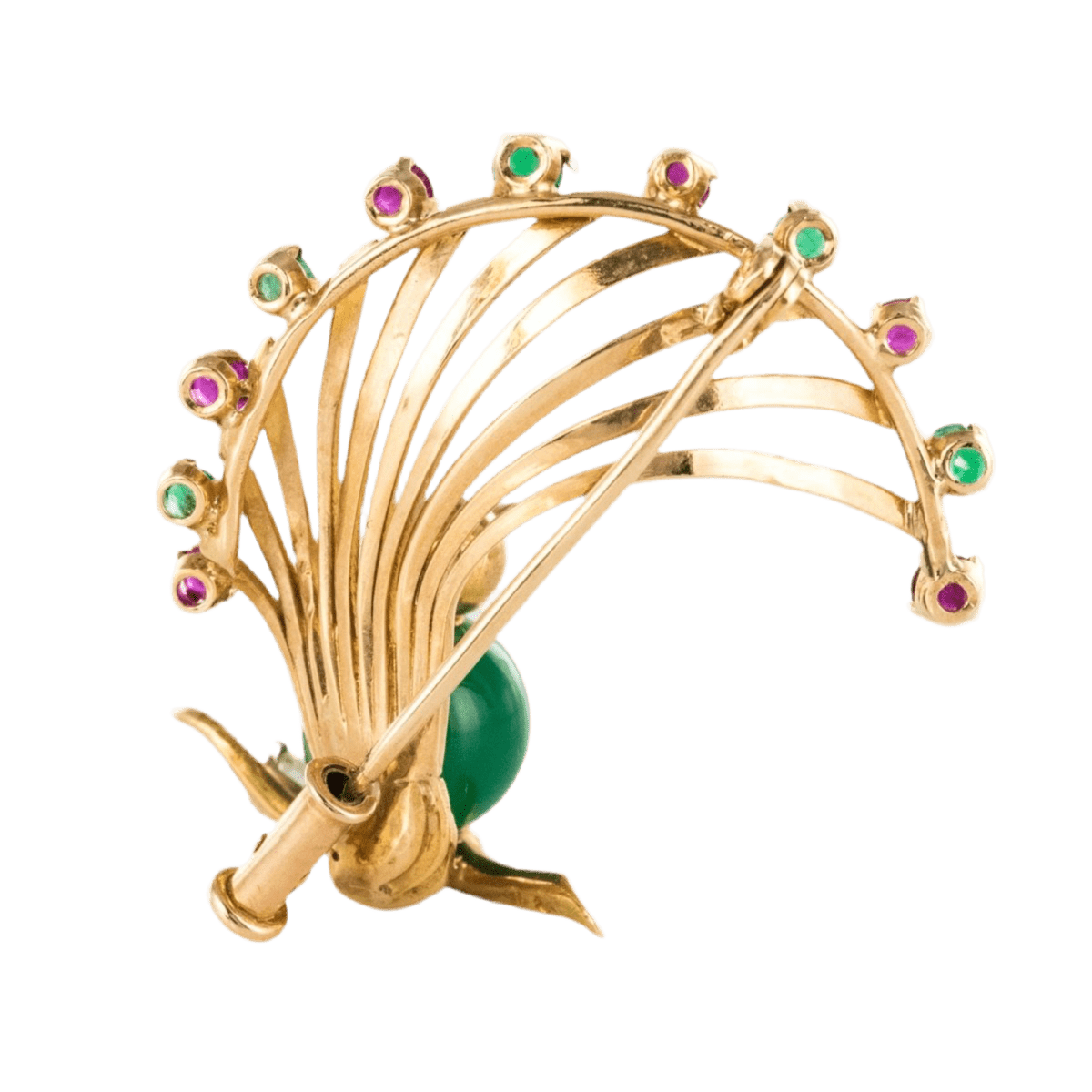 Broche Épingle en or jaune, rubis, chrysoprase, émeraudes et diamant - Castafiore