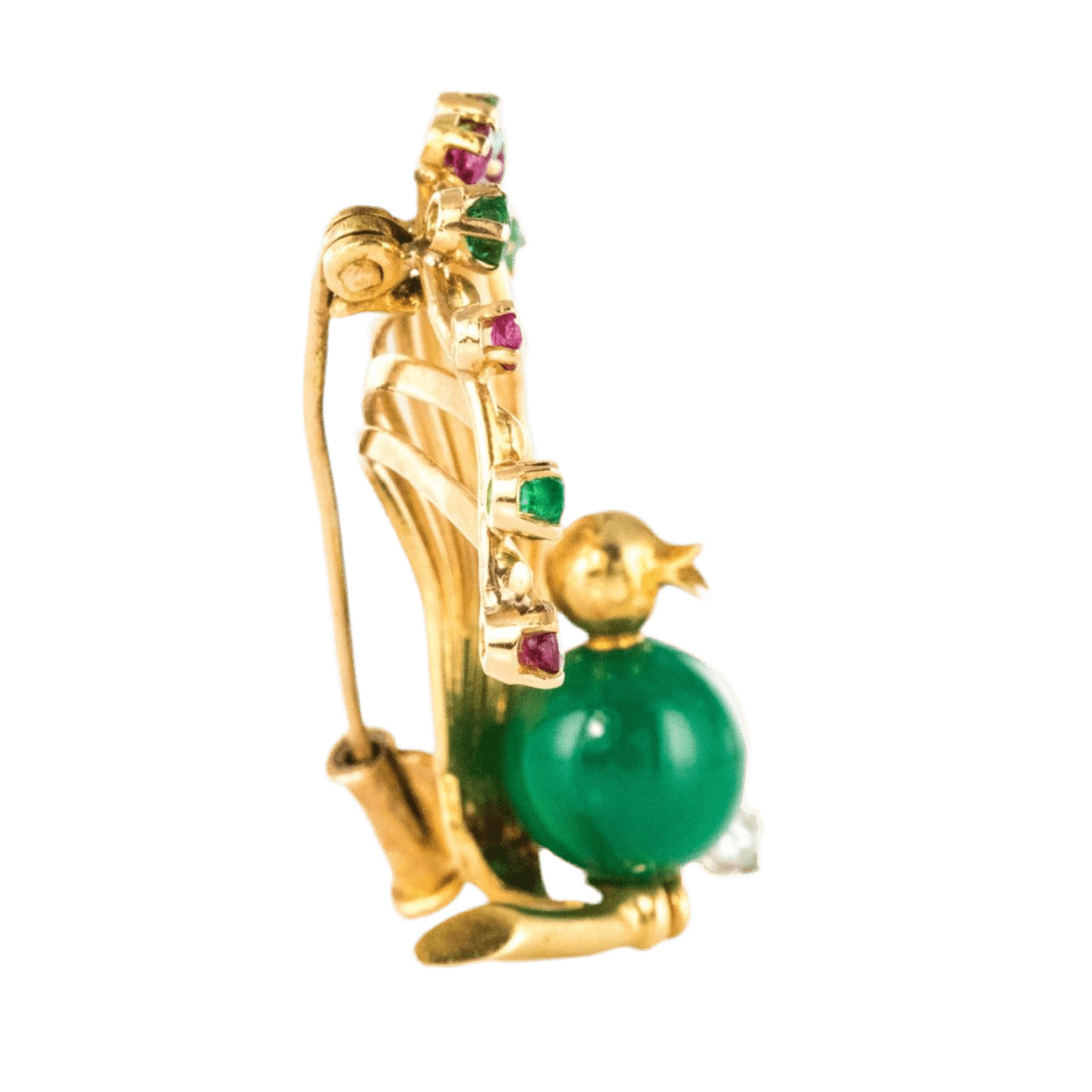 Broche Épingle en or jaune, rubis, chrysoprase, émeraudes et diamant - Castafiore