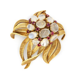 Broche Épingle en or jaune, rubis et pierres de lune - Castafiore