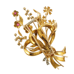 Broche Épingle en or jaune, rubis, saphirs et émeraude - Castafiore