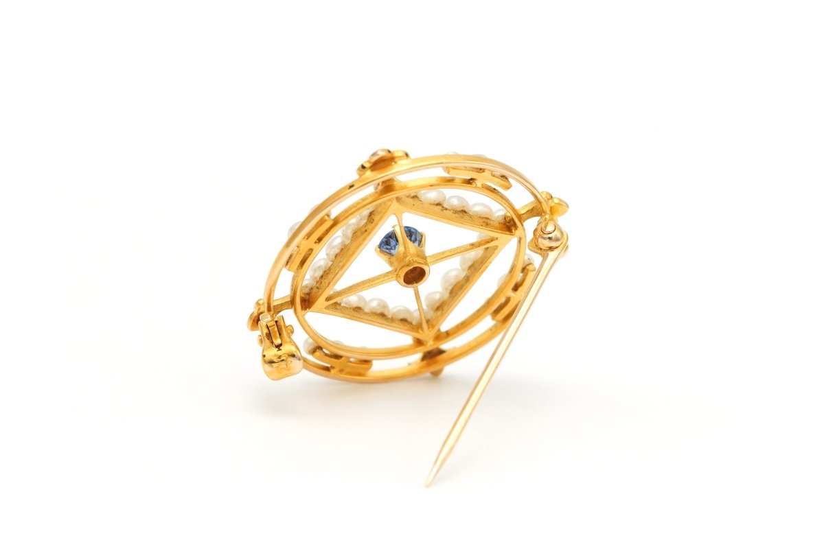Broche Épingle en or jaune, saphir et perles - Castafiore