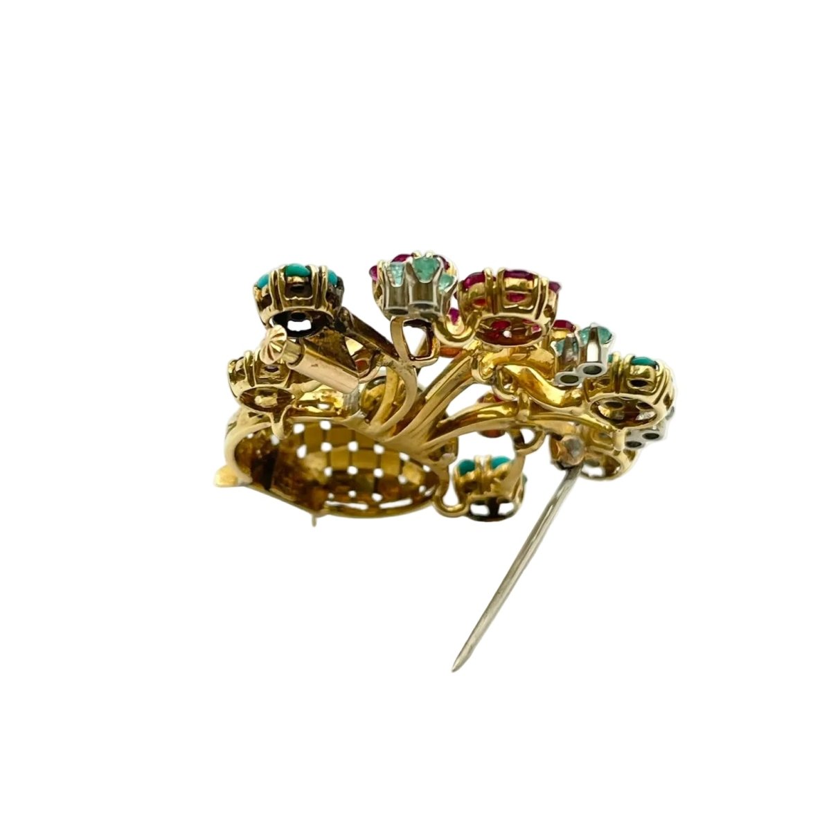 Broche Épingle en or jaune, saphirs, rubis, turquoises et diamants - Castafiore