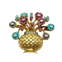 Broche Épingle en or jaune, saphirs, rubis, turquoises et diamants - Castafiore