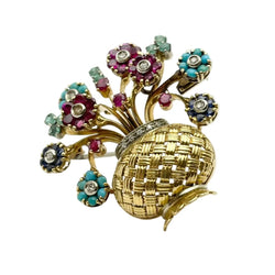 Broche Épingle en or jaune, saphirs, rubis, turquoises et diamants - Castafiore