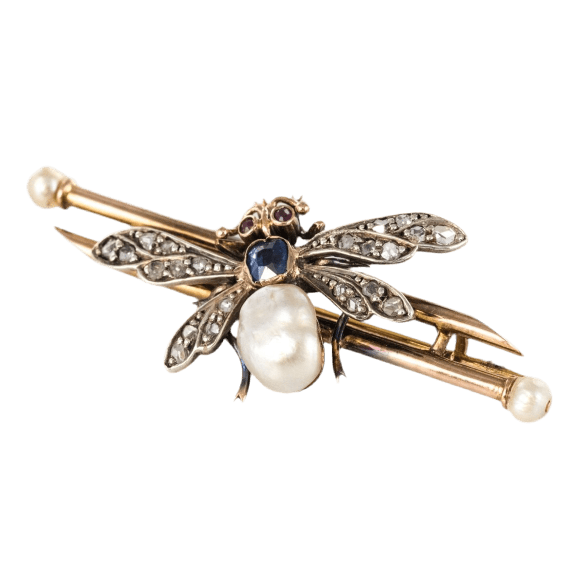 Broche Épingle en or rose, argent, perles, saphirs, rubis et diamants - Castafiore