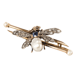 Broche Épingle en or rose, argent, perles, saphirs, rubis et diamants - Castafiore