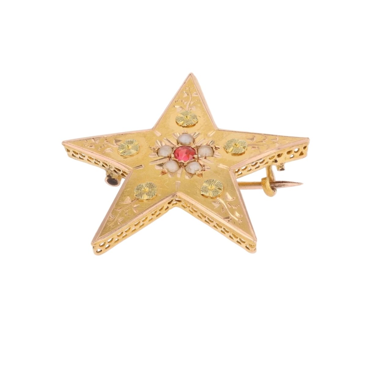 Brooch former star rose gold garnet pearls