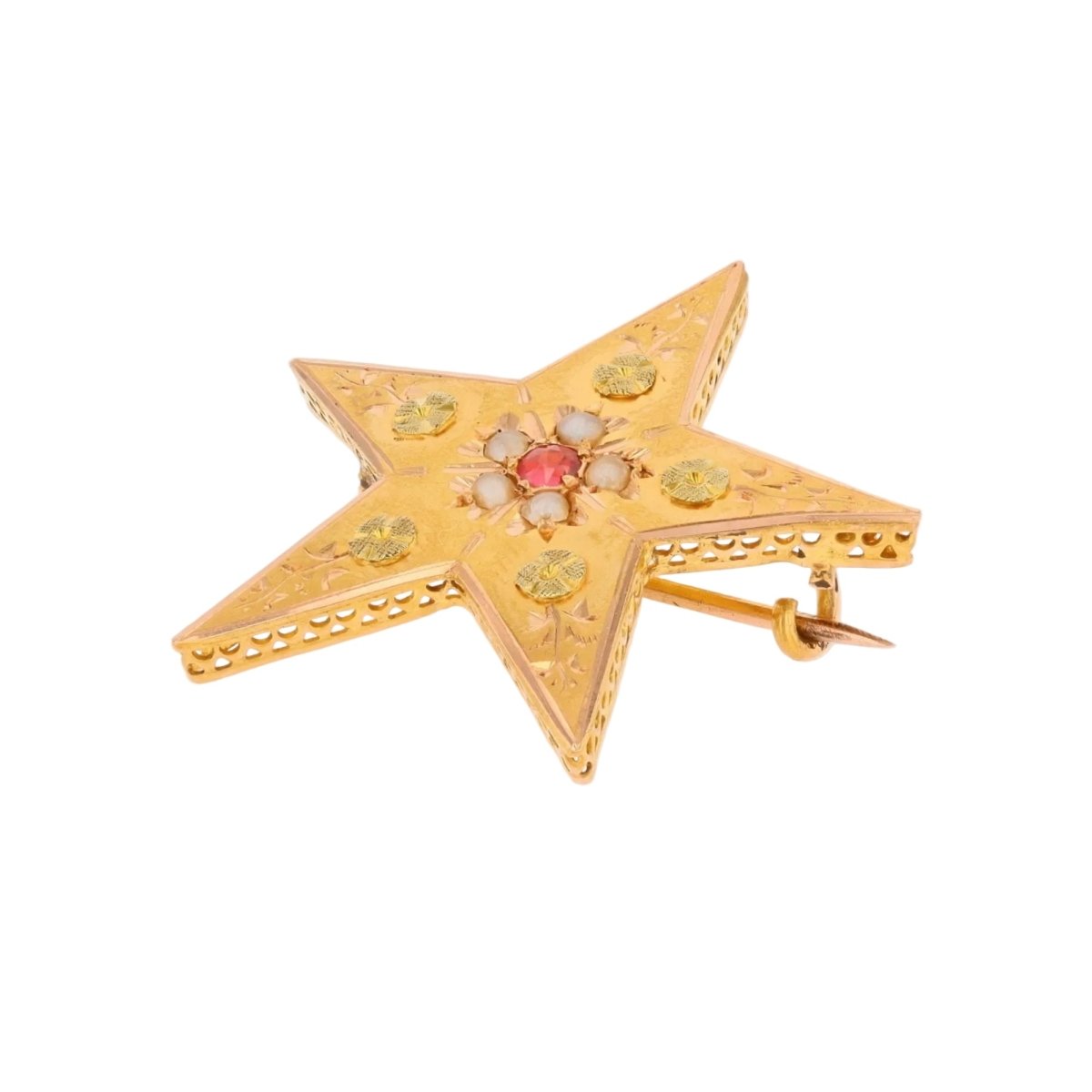 Brooch former star rose gold garnet pearls
