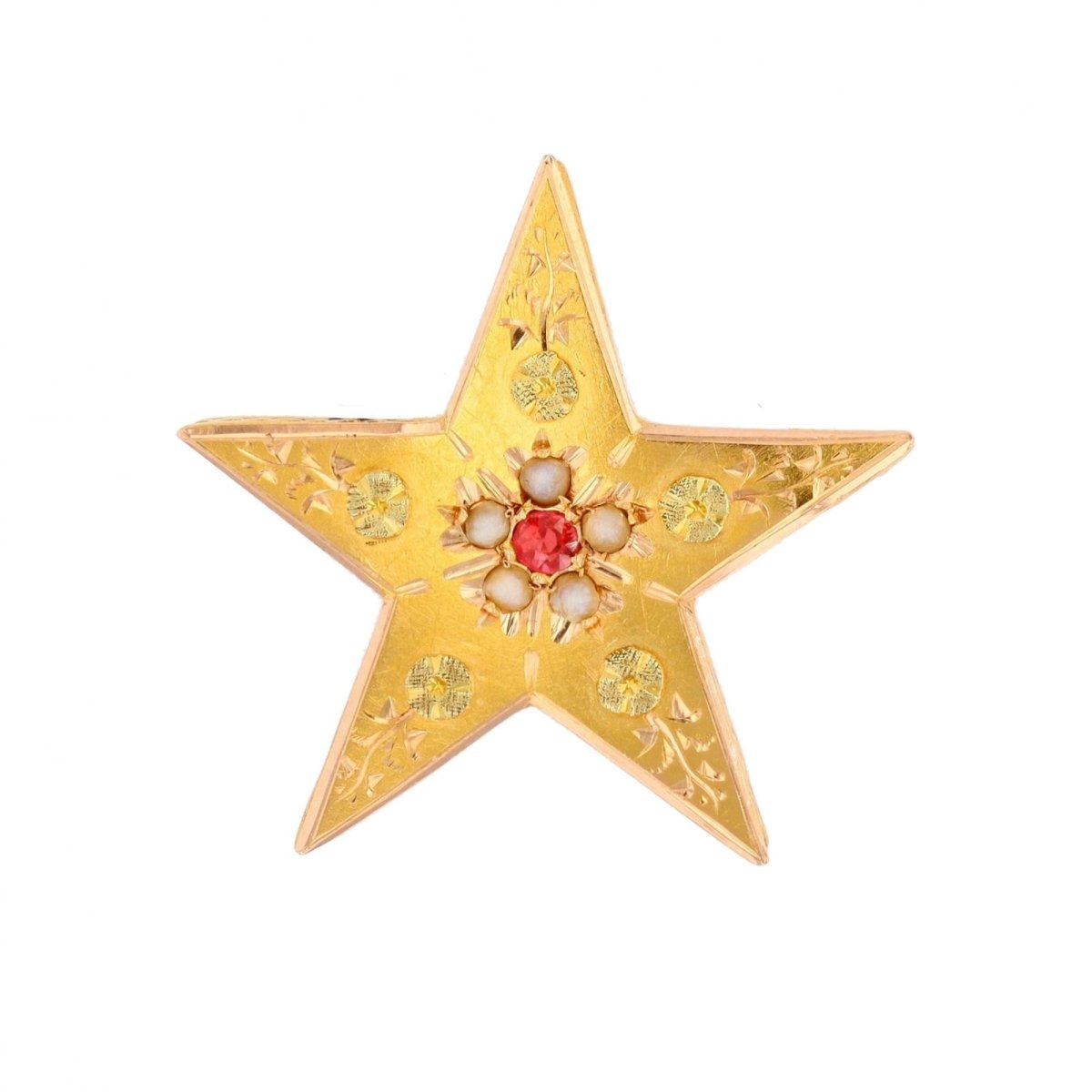 Brooch former star rose gold garnet pearls