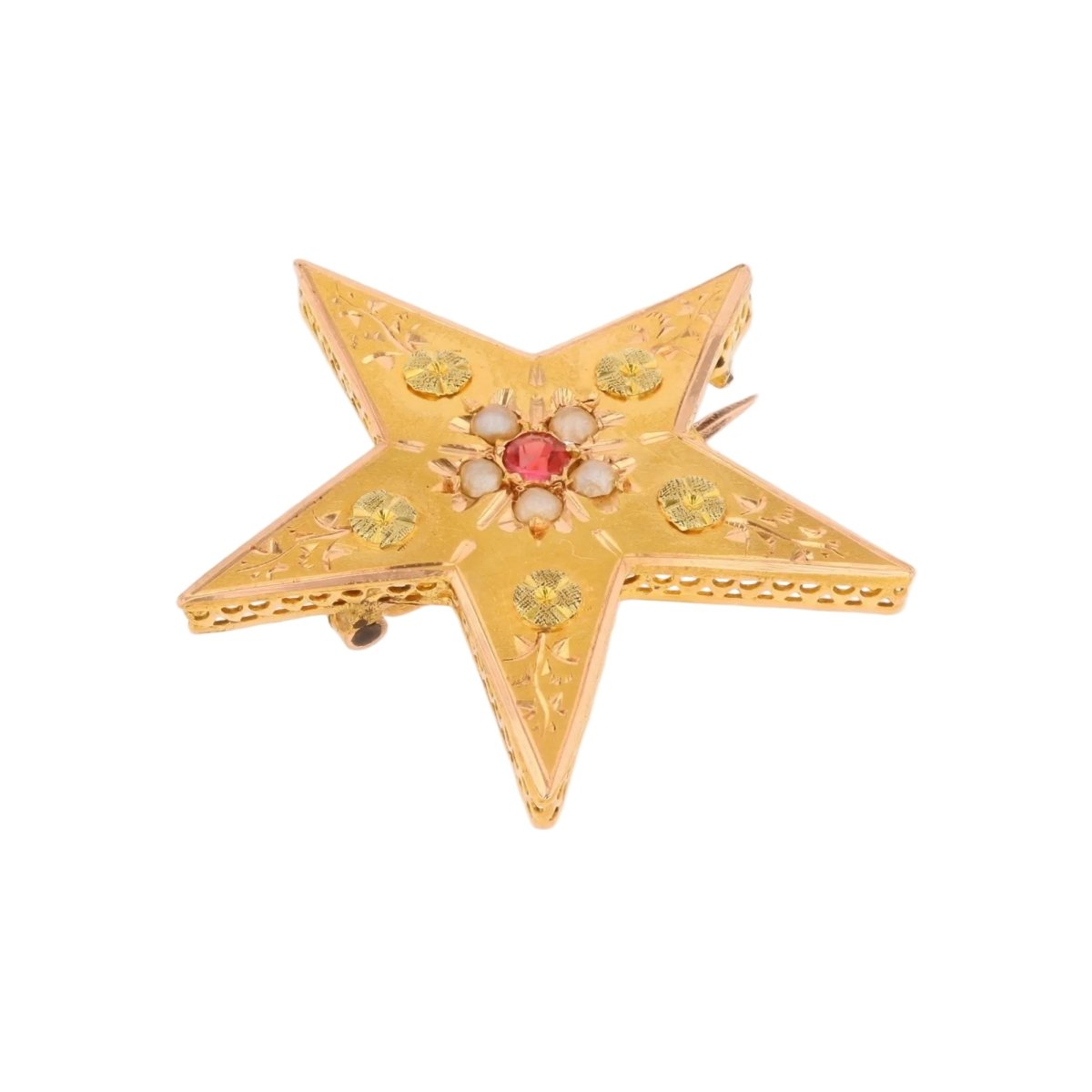 Brooch former star rose gold garnet pearls