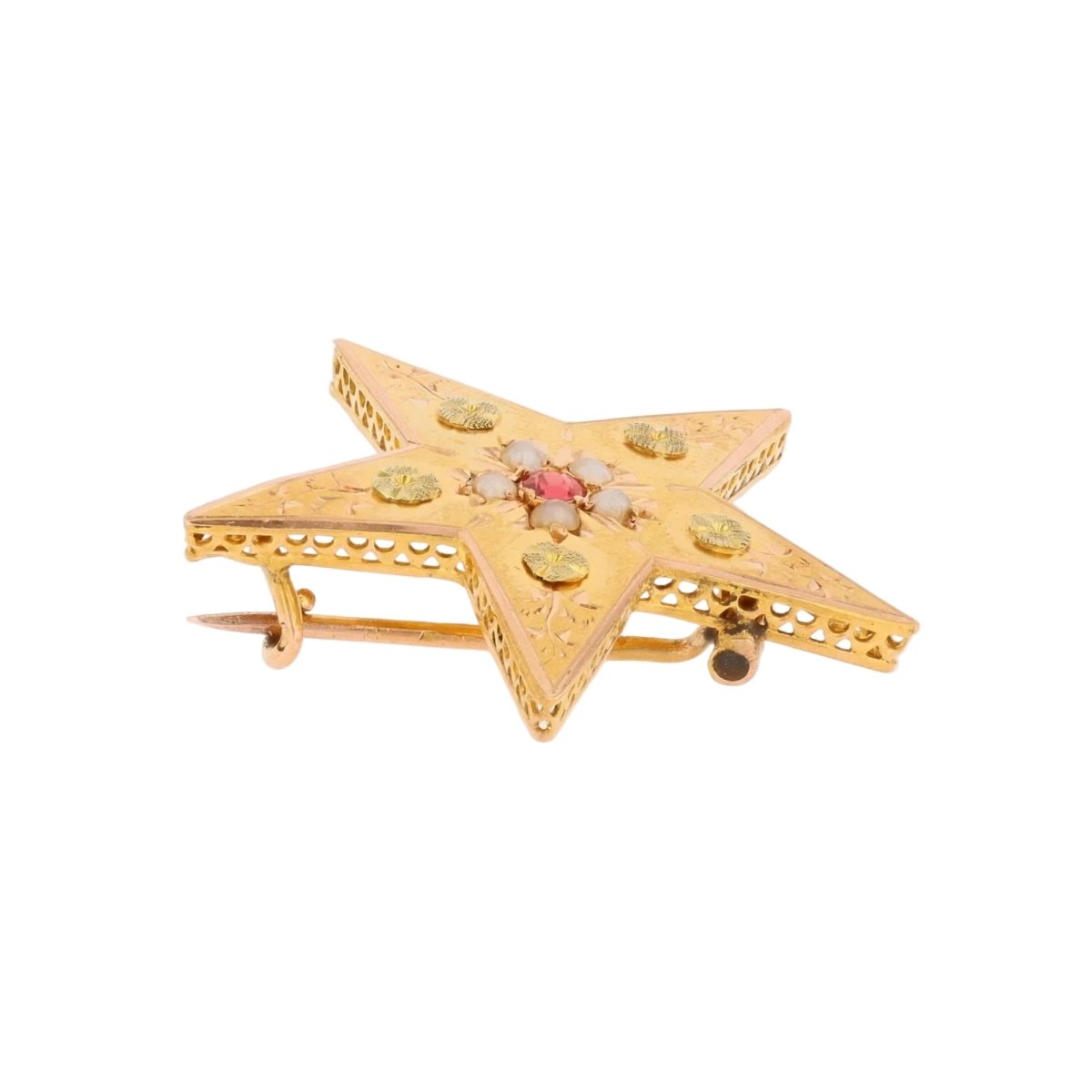Brooch former star rose gold garnet pearls