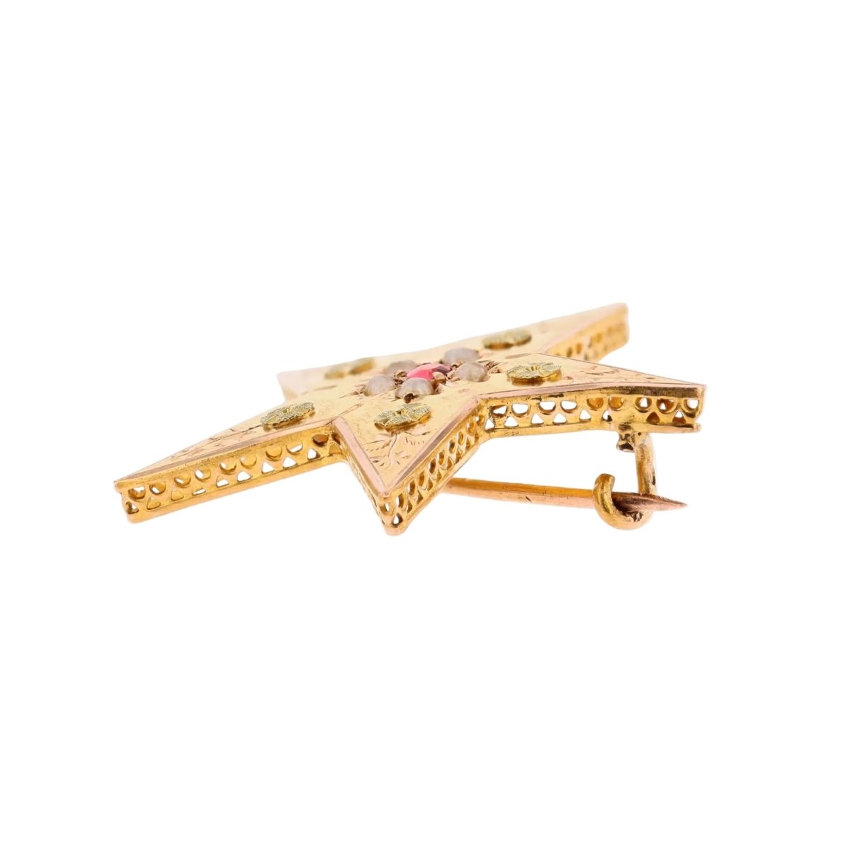 Brooch former star rose gold garnet pearls