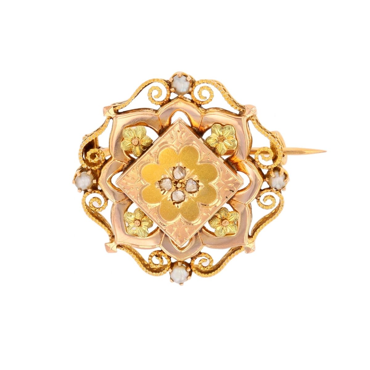 Broche Épingle en or rose, or vert, perles et diamants - Castafiore