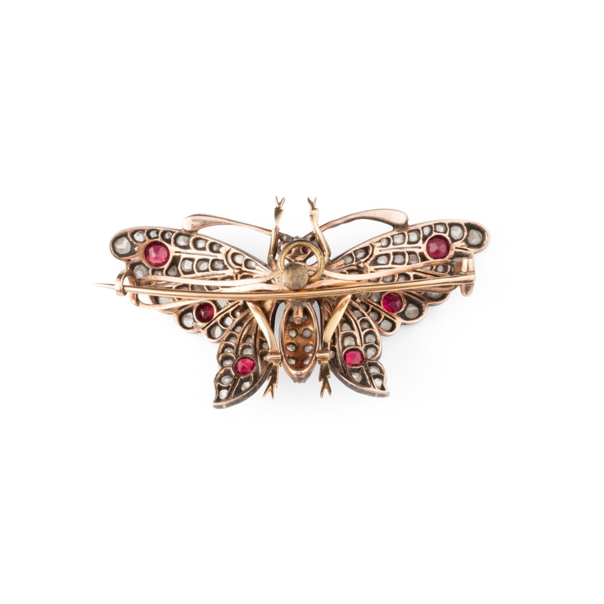 Broche Épingle "Papillon" en or jaune, argent, rubis et diamants - Castafiore
