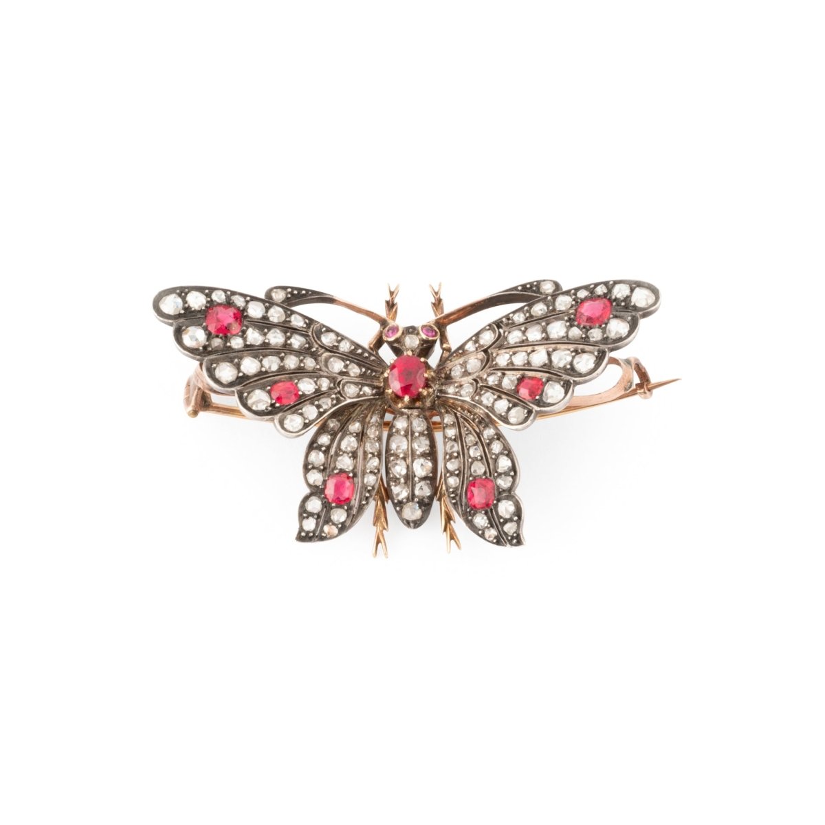 Broche Épingle "Papillon" en or jaune, argent, rubis et diamants - Castafiore