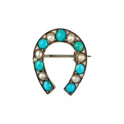 Broche fer à cheval turquoises perles fines diamants - Castafiore