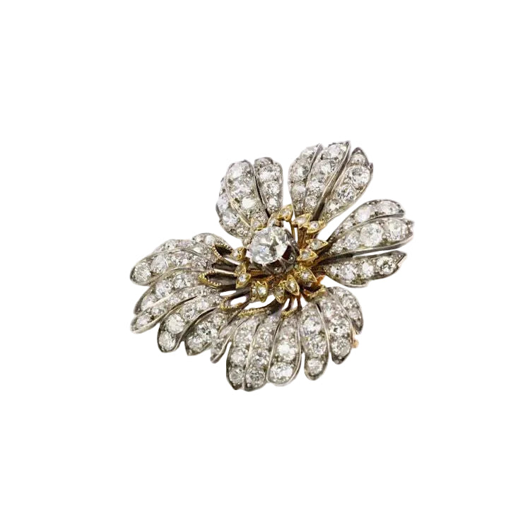 Broche fleur ancienne or argent diamants taille ancienne - Castafiore