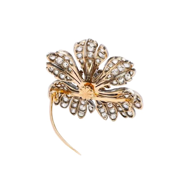 Broche fleur ancienne or argent diamants taille ancienne - Castafiore