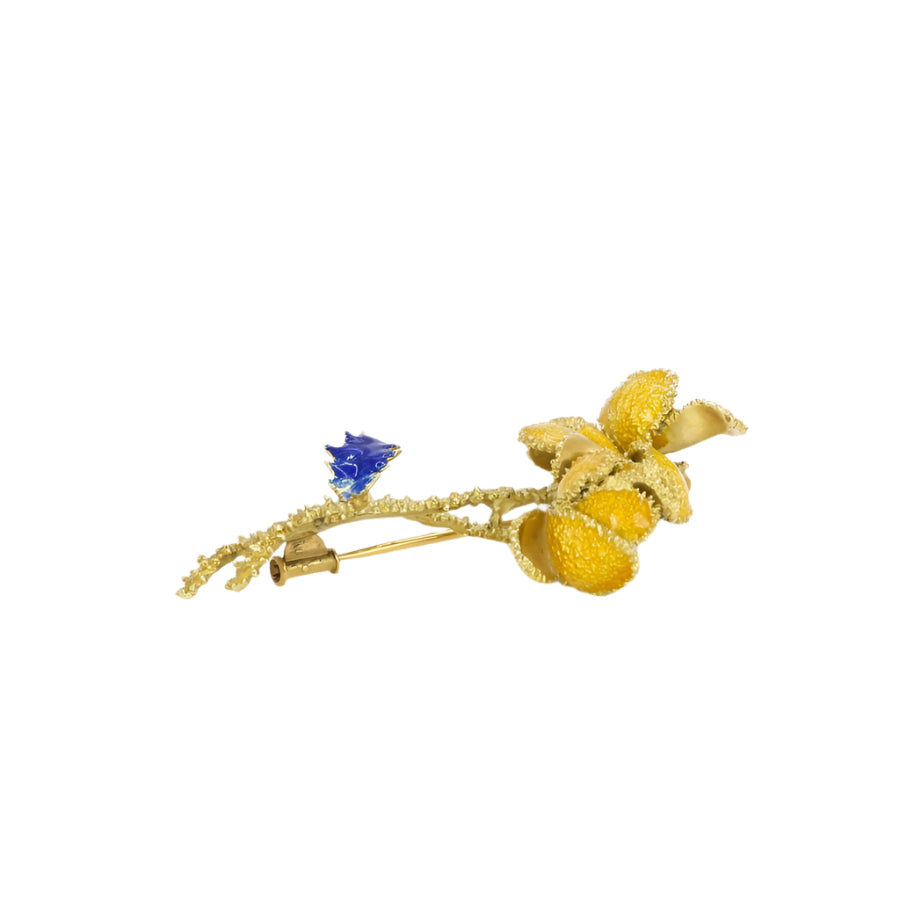 Broche fleur années 70 or jaune émail - Castafiore
