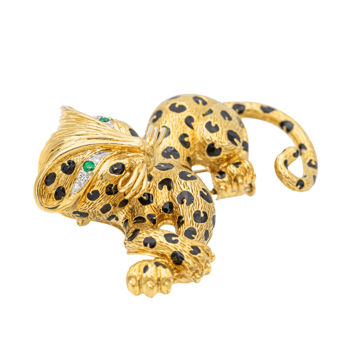 Broche FRED "Panthère" en or jaune, émail, émeraudes et diamants - Castafiore