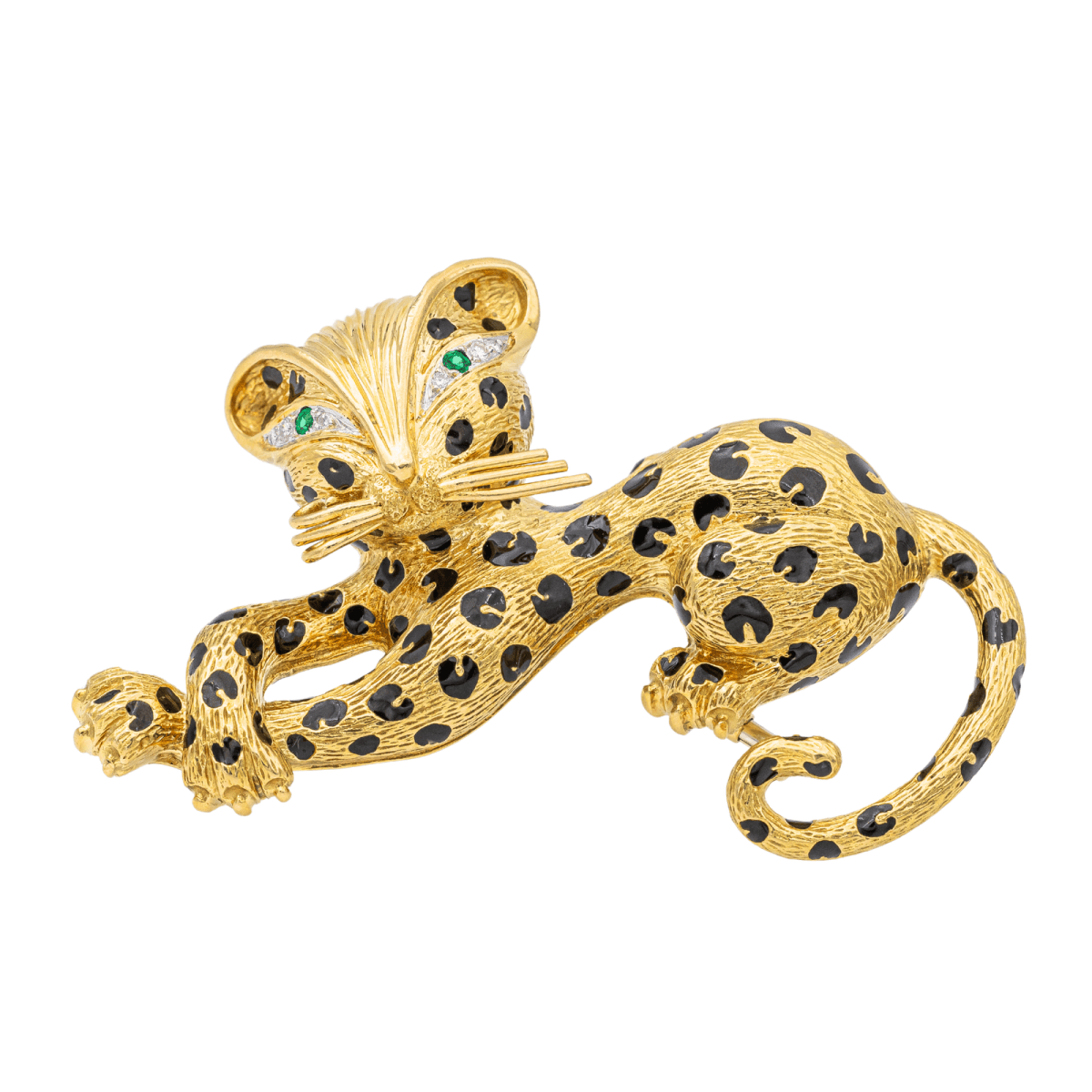 Broche FRED "Panthère" en or jaune, émail, émeraudes et diamants - Castafiore