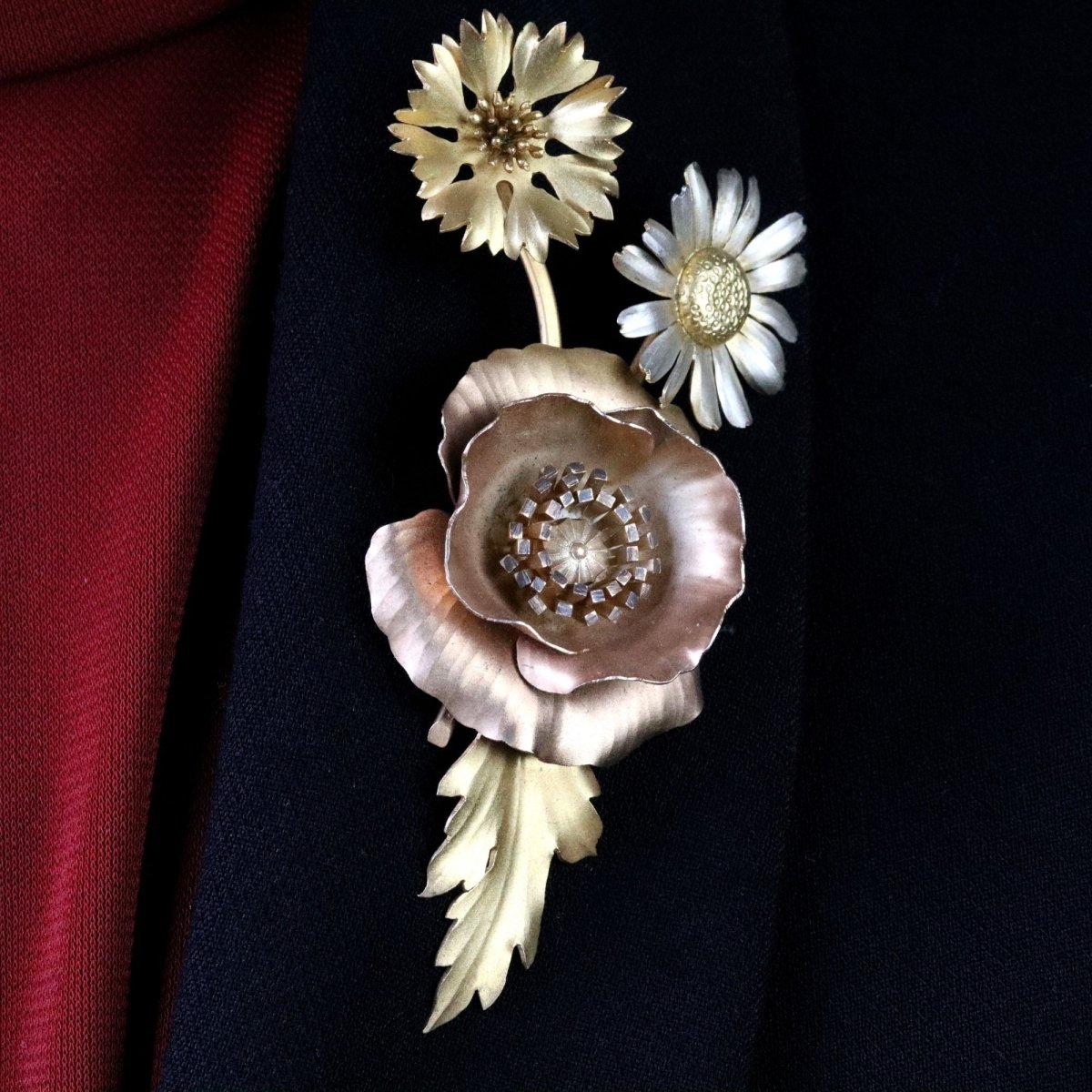 Broche GEORGES - RENÉ LECOMTE fleurs sauvages en argent doré et rosé - Castafiore
