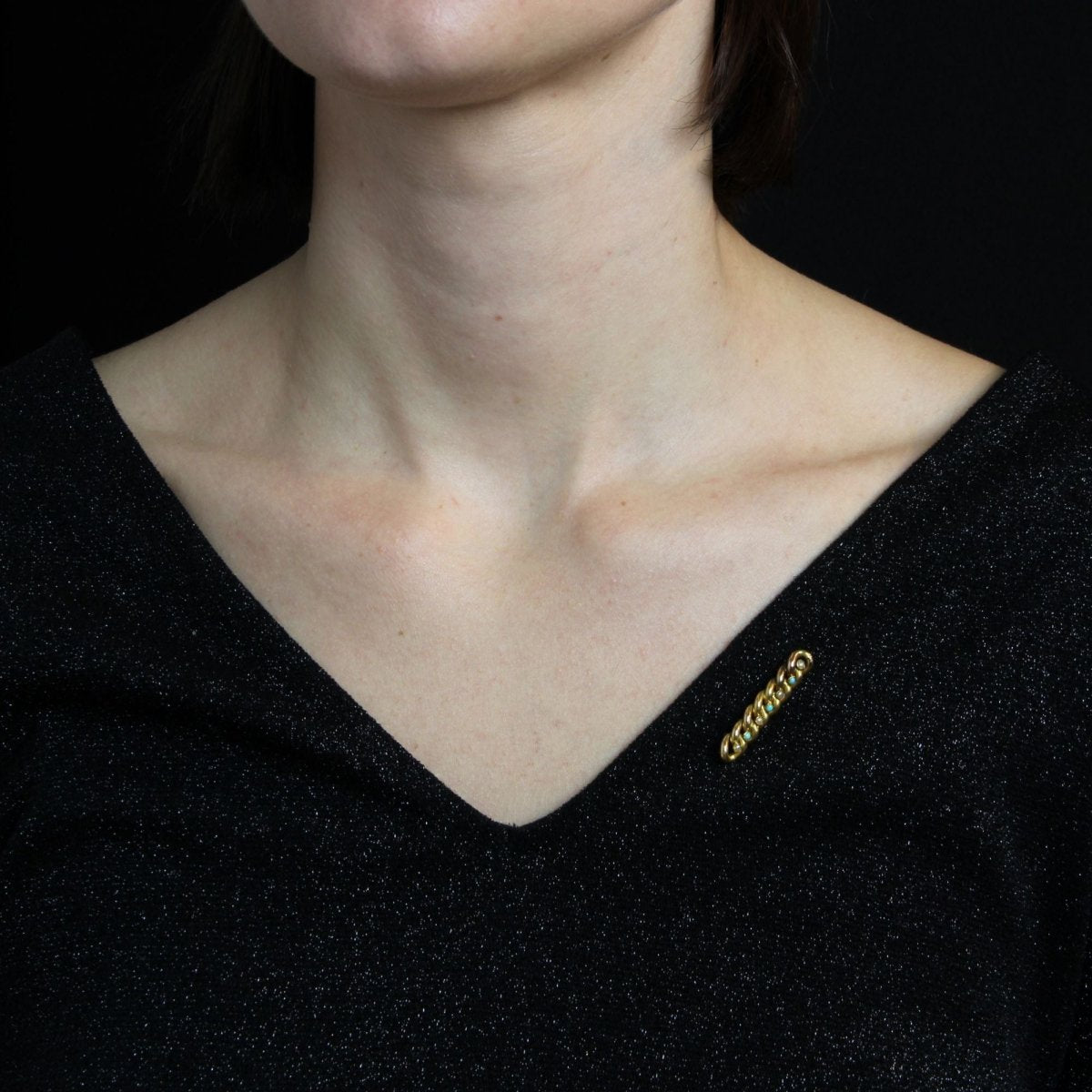 Broche GOURMETTE Barrette en or jaune perles fines et verres turquoise - Castafiore