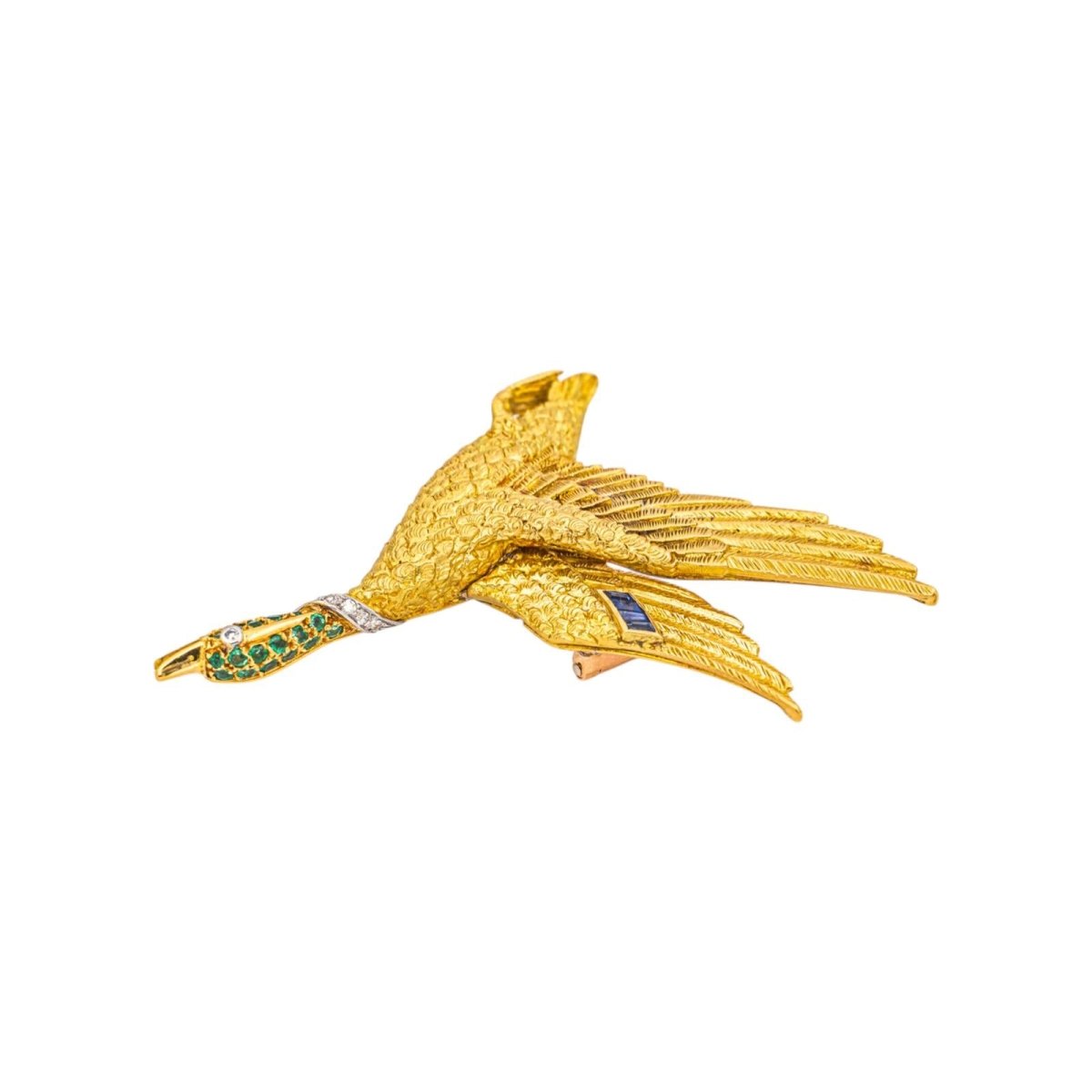 Broche HERMÈS "Oie Sauvage" en or jaune, or blanc, tsavorites, saphirs et diamants - Castafiore