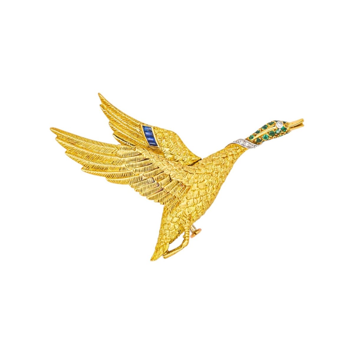 Broche HERMÈS "Oie Sauvage" en or jaune, or blanc, tsavorites, saphirs et diamants - Castafiore