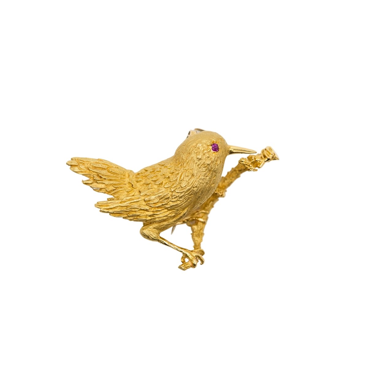 Broche HERMÈS Vintage oiseau en or jaune et rubis - Castafiore
