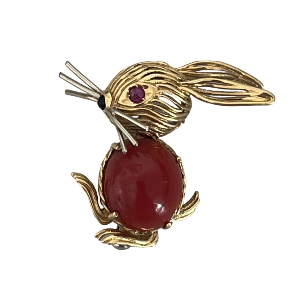 Broche LAPIN en or jaune corail rubis onyx - Castafiore