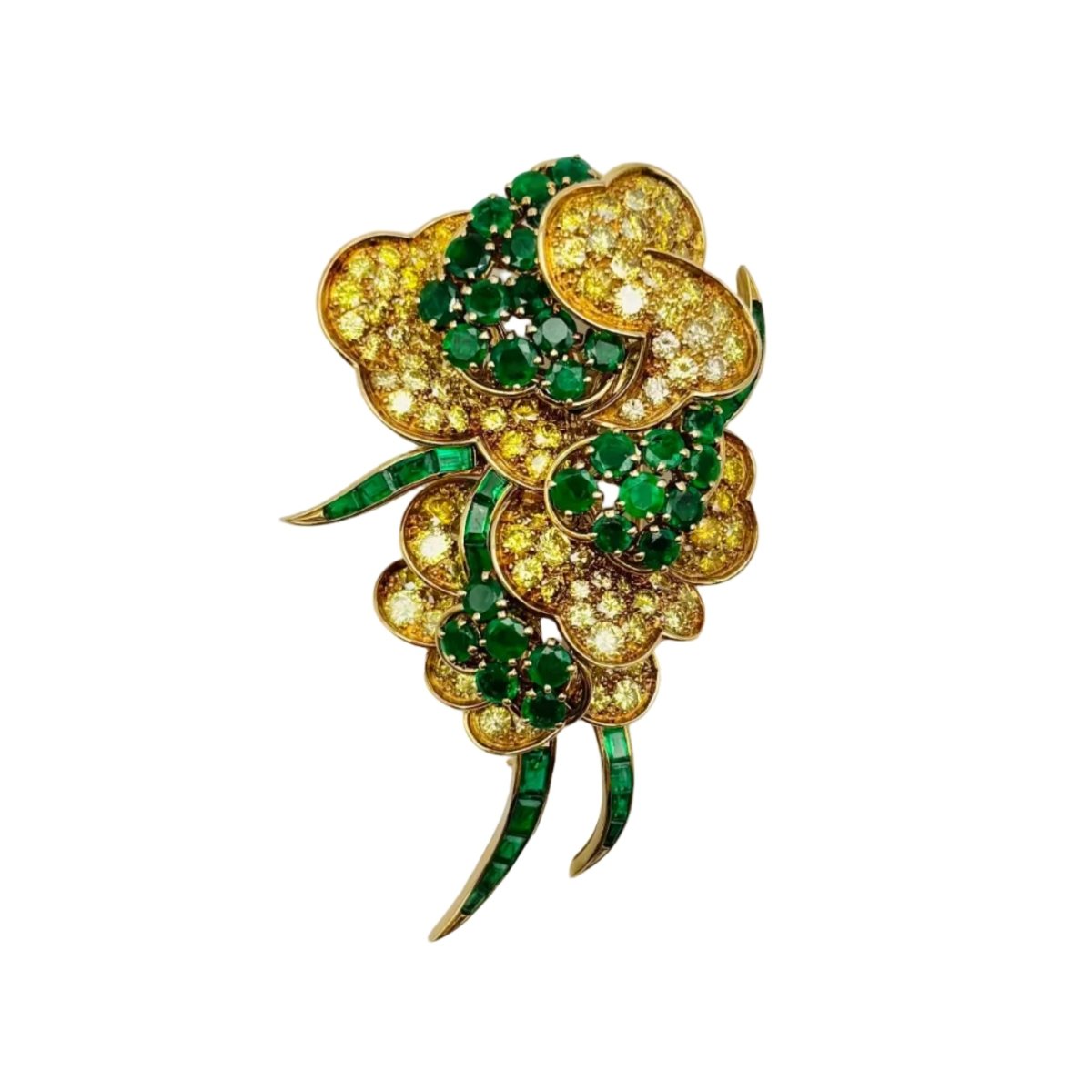 Broche MAUBOUSSIN "Fleurs" en or jaune, émeraudes et diamants - Castafiore