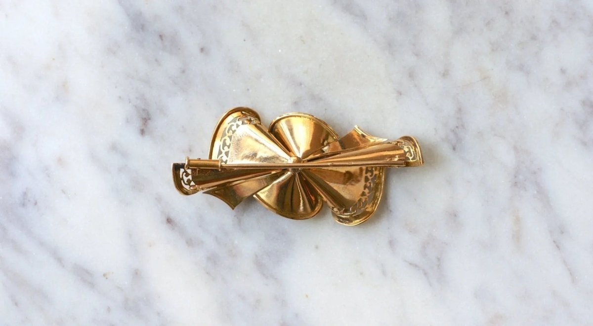 Broche Noeud Années 50 Diamants Or Rose - Castafiore